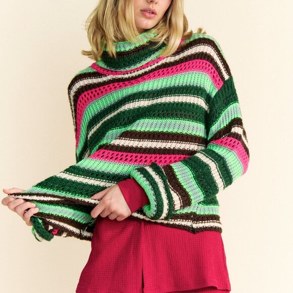 DAVI & DANI RETRO Colourful Striped Knit Turtleneck Sweater - Picture 1 of 10